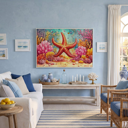 Starfish and Coral Reef Underwater Canvas Wall Art in white floating frame
