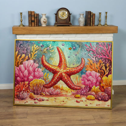 Starfish and Coral Reef Underwater Canvas Wall Art in yellow gold floating frame