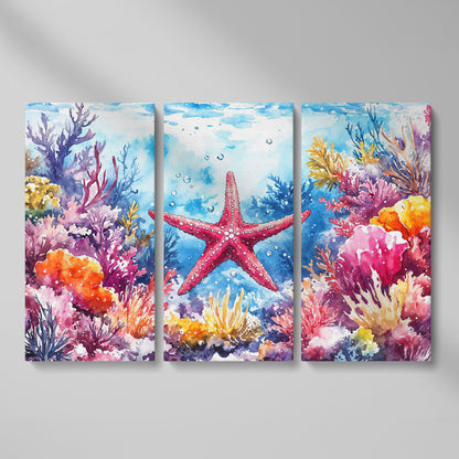 Starfish and Coral Reef Underwater Scene Canvas Wall Art as 3-panel split version