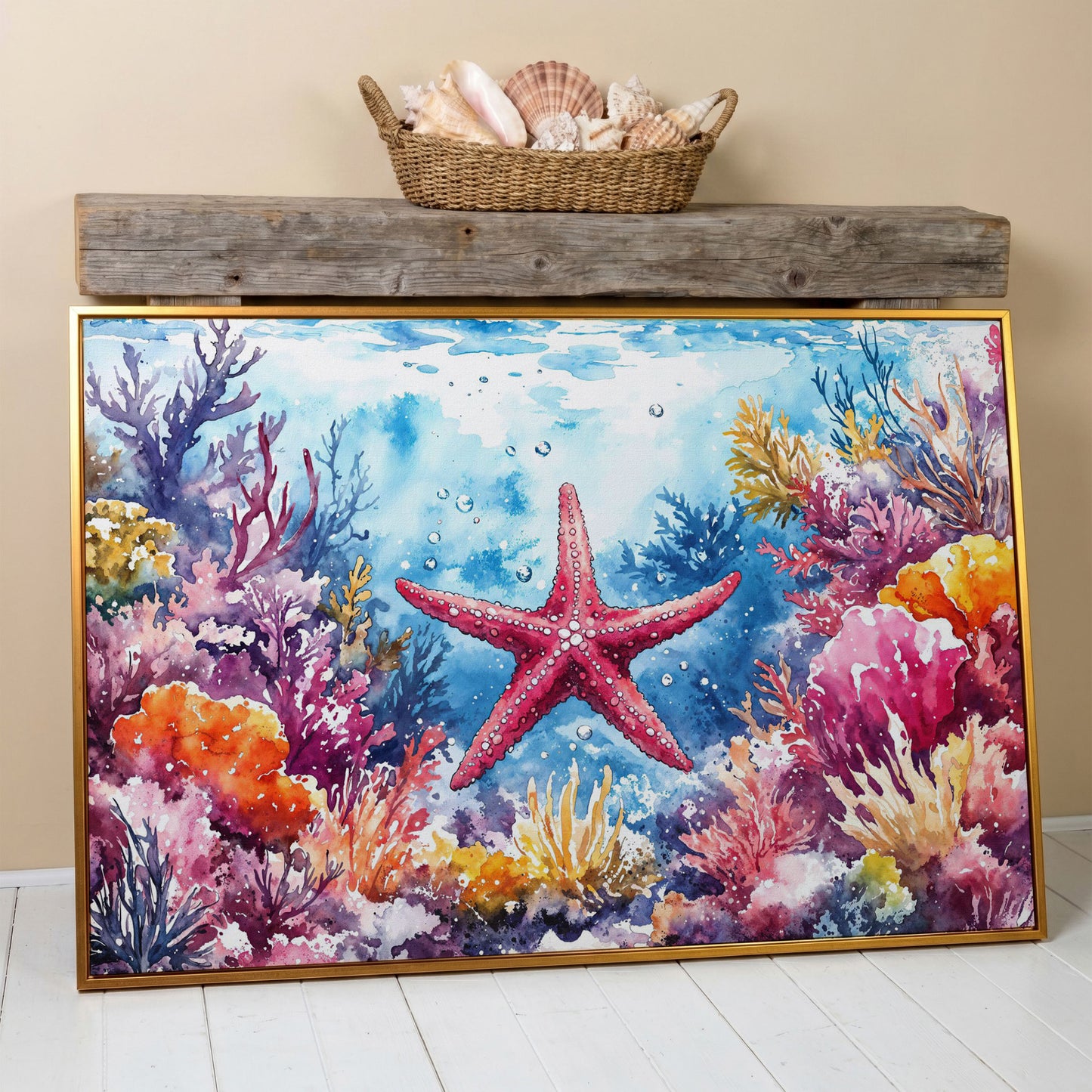 Starfish and Coral Reef Underwater Scene Canvas Wall Art in antique gold floating frame