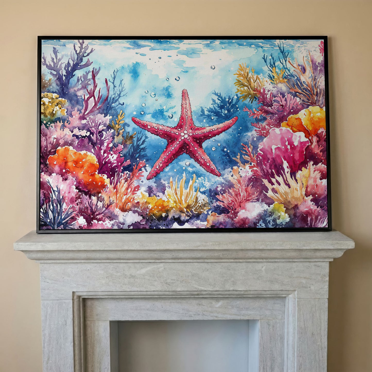 Starfish and Coral Reef Underwater Scene Canvas Wall Art in black floating frame