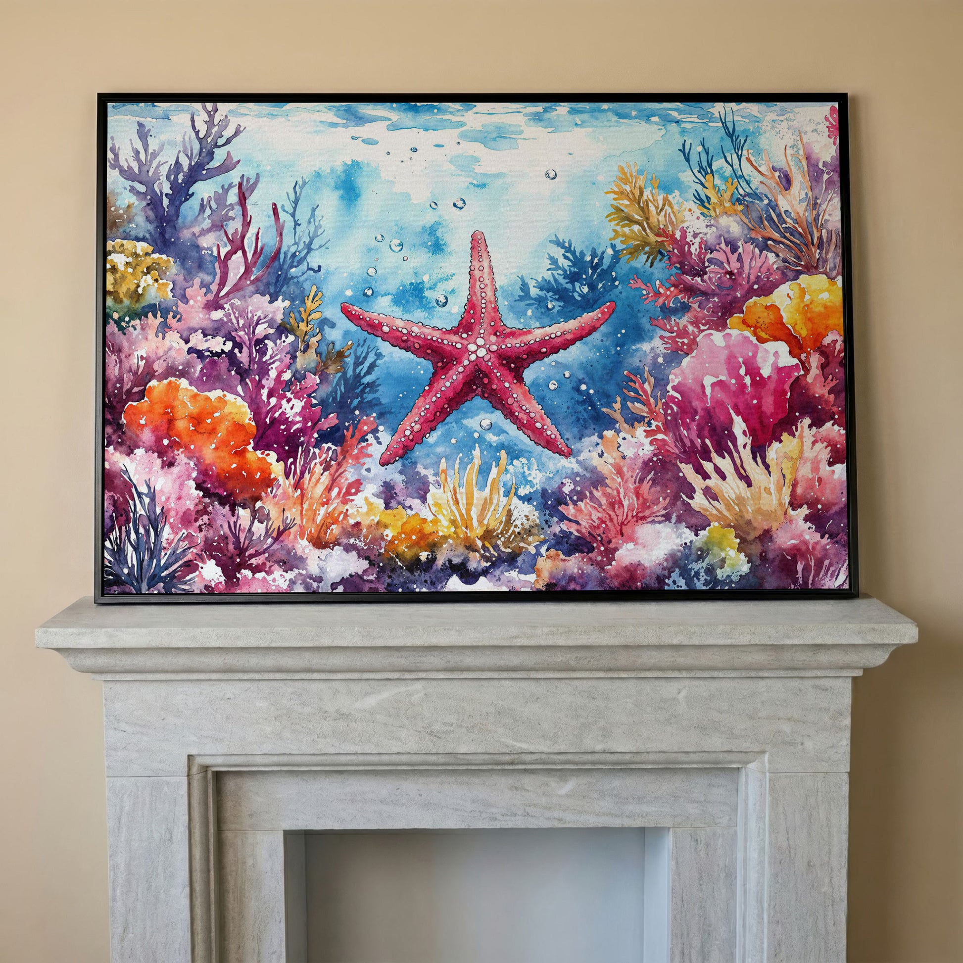 Starfish and Coral Reef Underwater Scene Canvas Wall Art in black floating frame