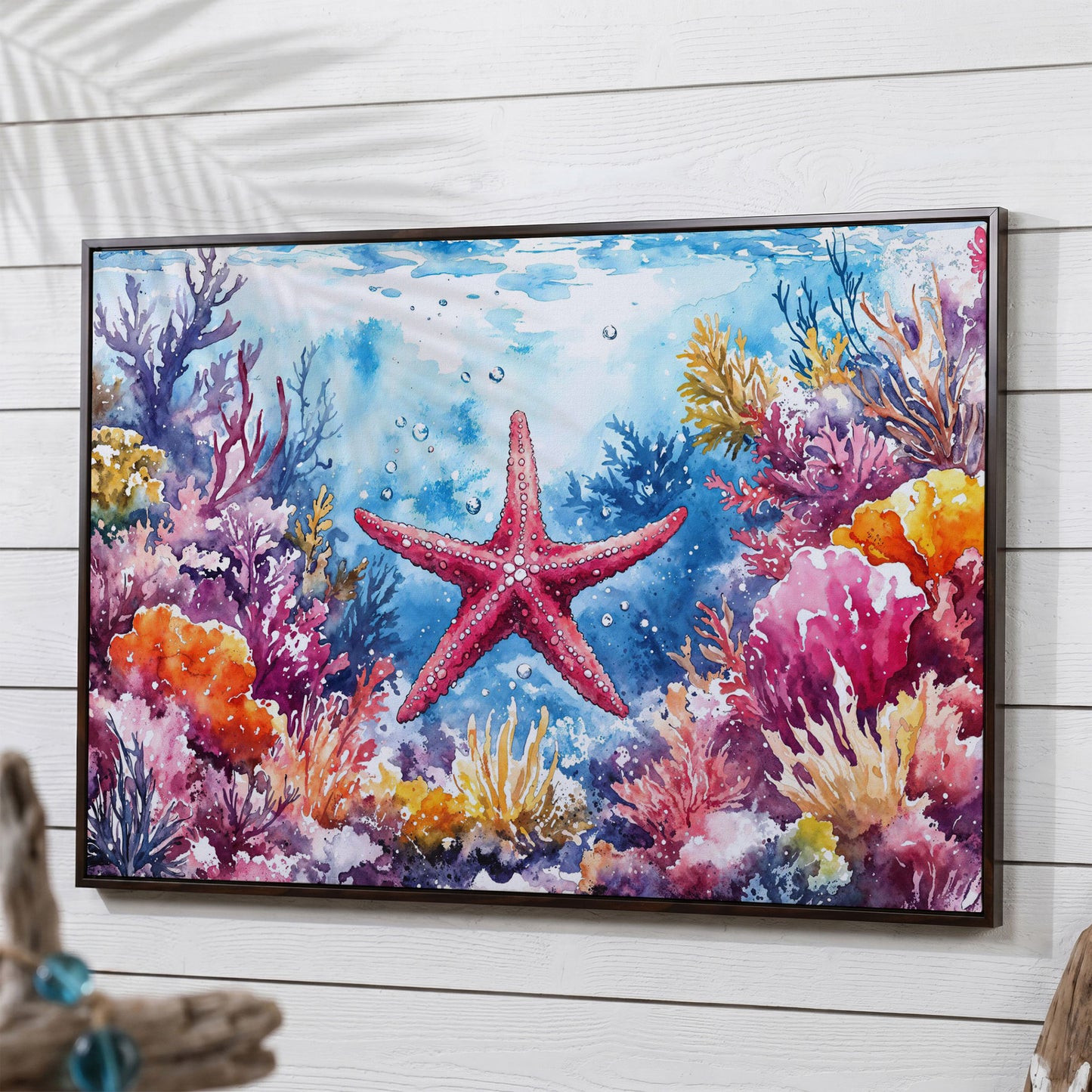 Starfish and Coral Reef Underwater Scene Canvas Wall Art in dark walnut floating frame