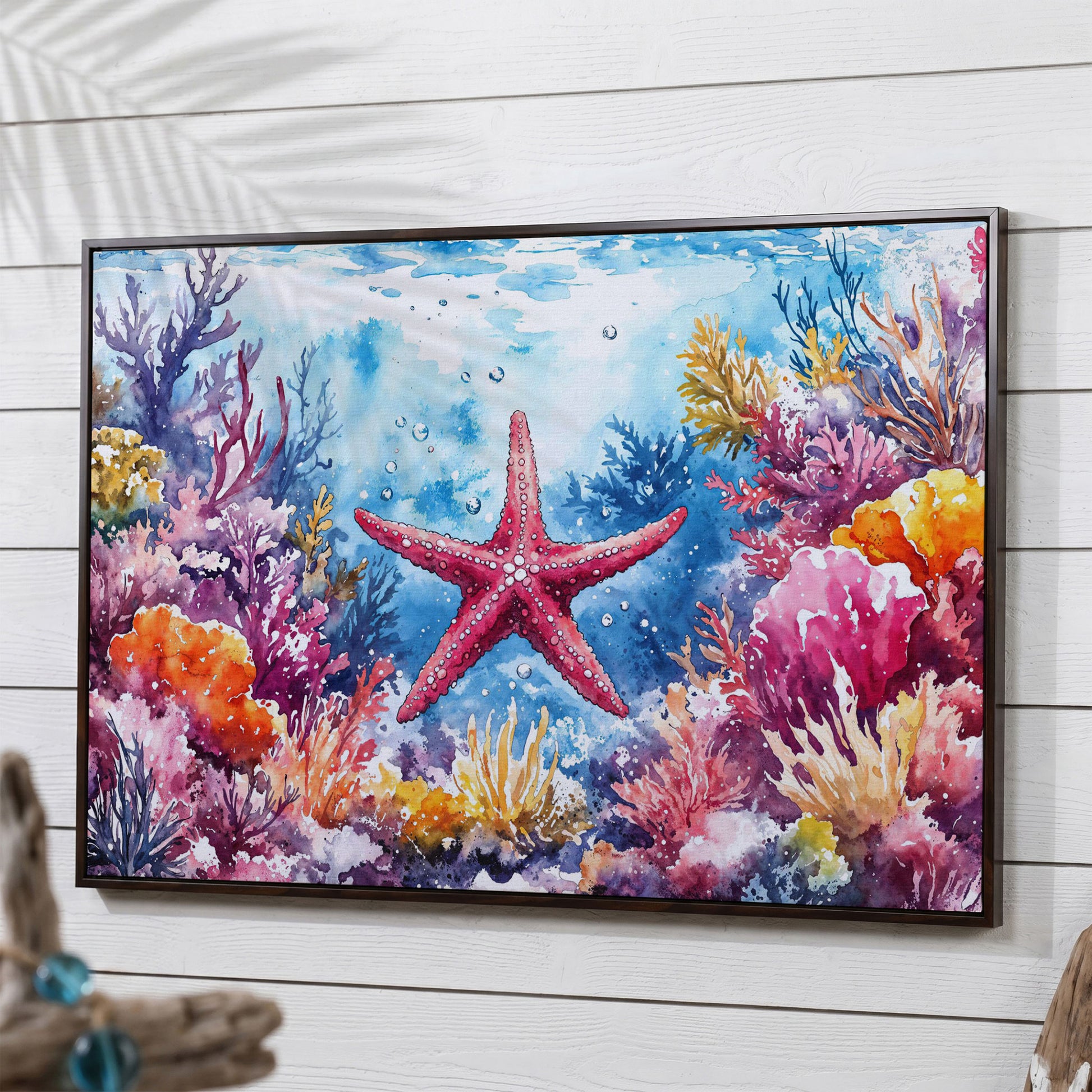 Starfish and Coral Reef Underwater Scene Canvas Wall Art in dark walnut floating frame