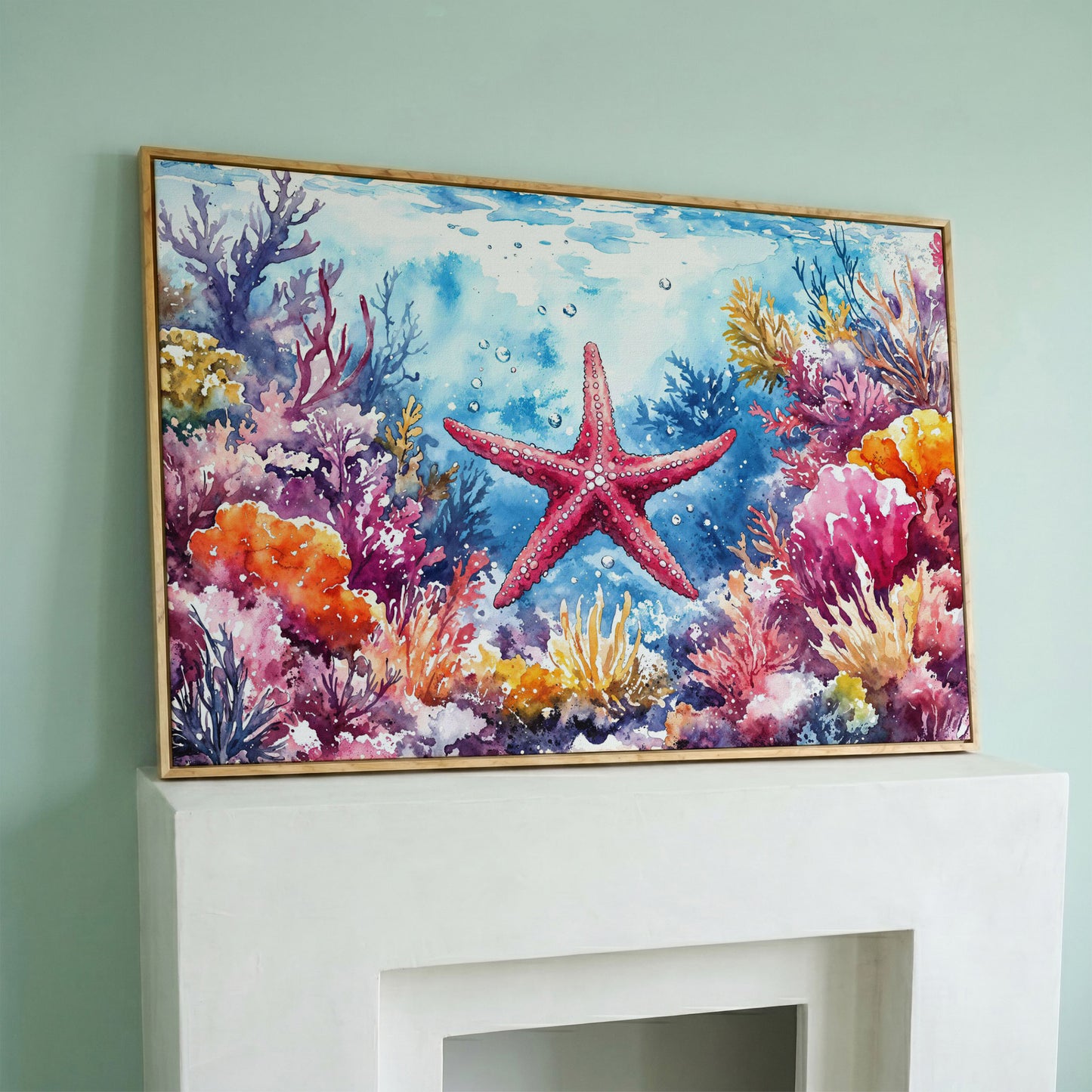 Starfish and Coral Reef Underwater Scene Canvas Wall Art in white oak floating frame