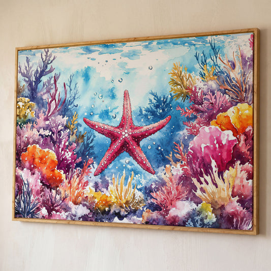 Starfish and Coral Reef Underwater Scene Canvas Wall Art shown in white oak floating frame