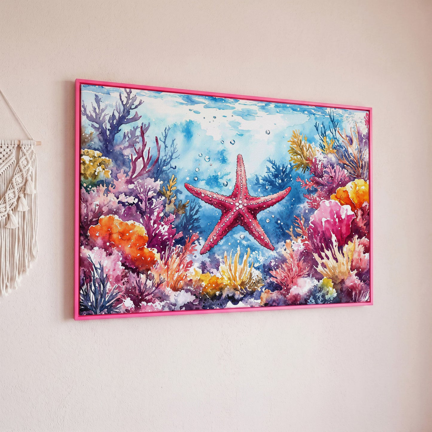 Starfish and Coral Reef Underwater Scene Canvas Wall Art in pink floating frame