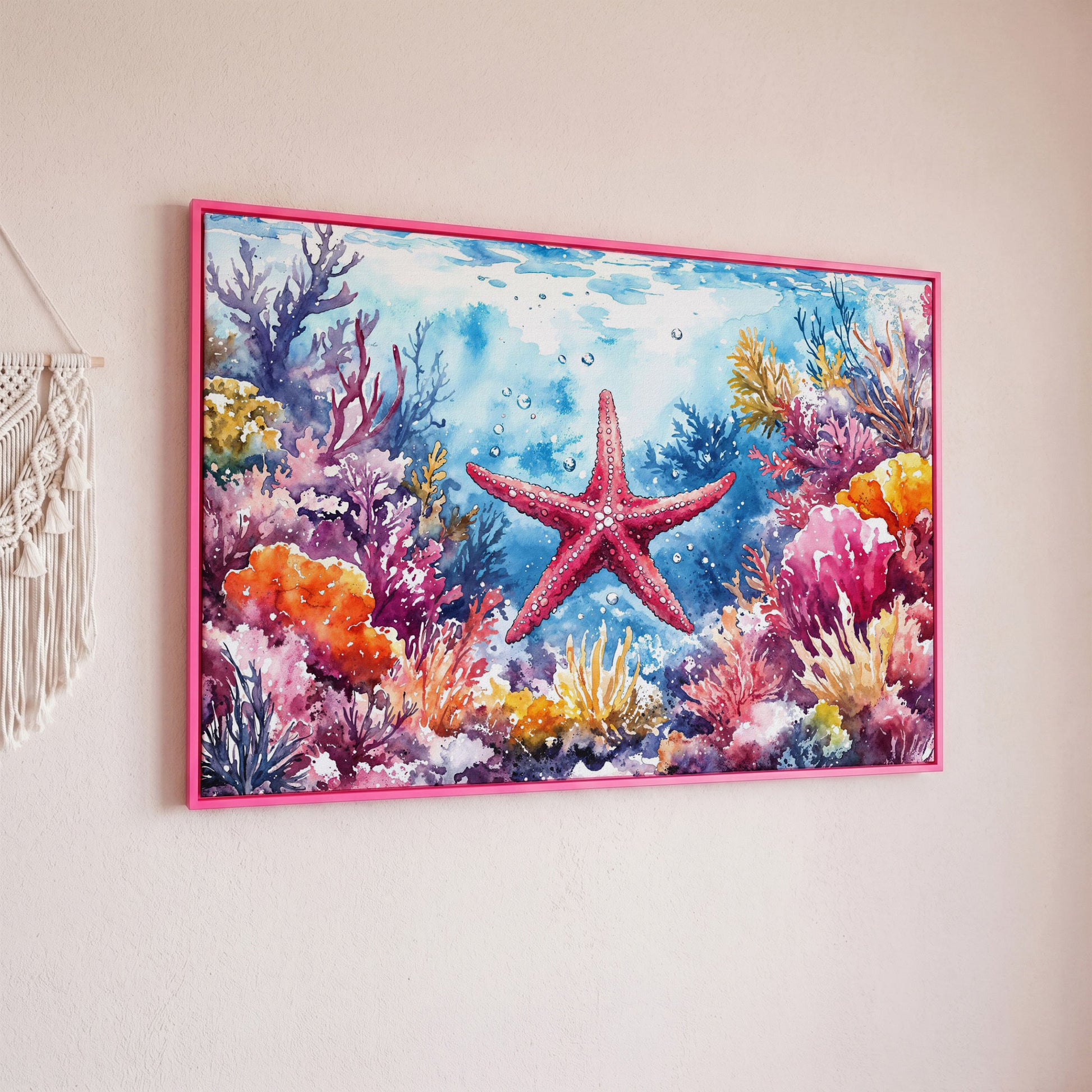 Starfish and Coral Reef Underwater Scene Canvas Wall Art in pink floating frame
