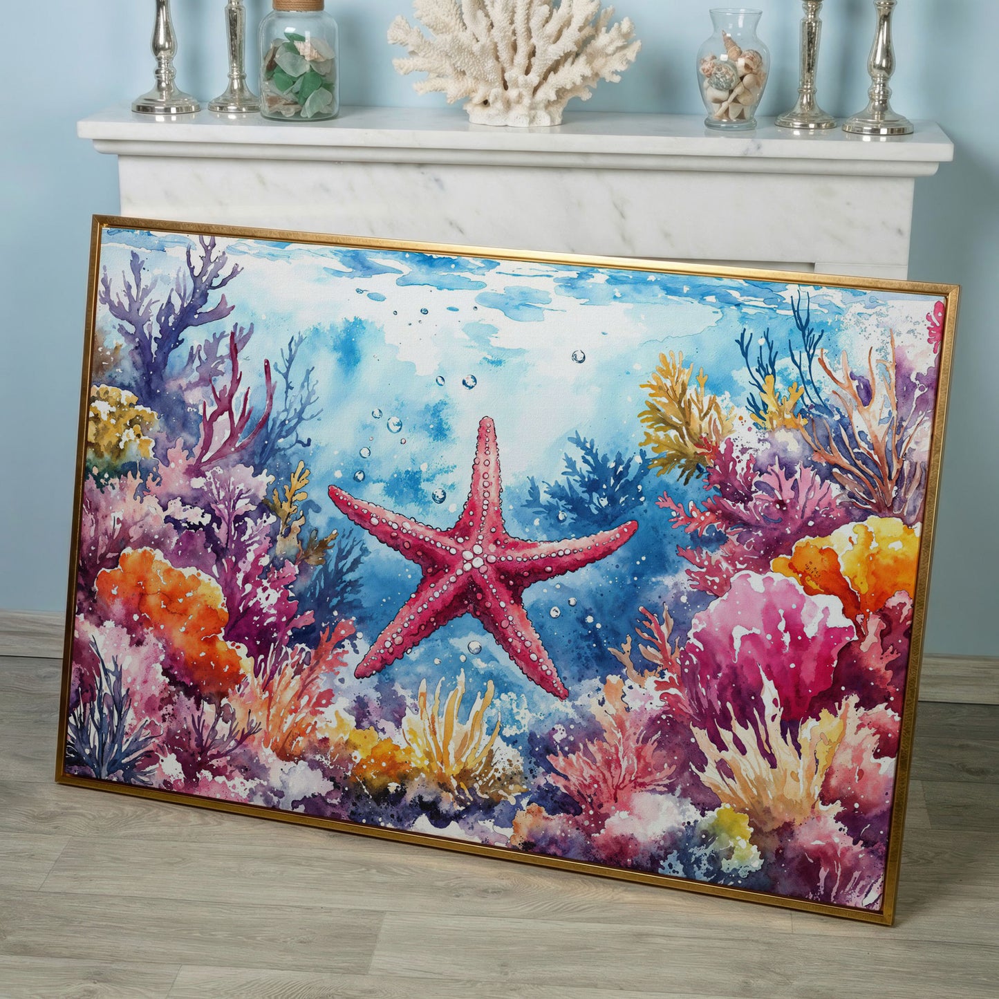 Starfish and Coral Reef Underwater Scene Canvas Wall Art in rose gold floating frame
