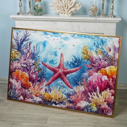 Starfish and Coral Reef Underwater Scene Canvas Wall Art in rose gold floating frame
