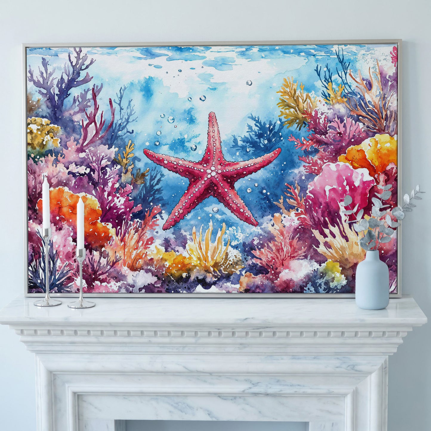 Starfish and Coral Reef Underwater Scene Canvas Wall Art in silver floating frame