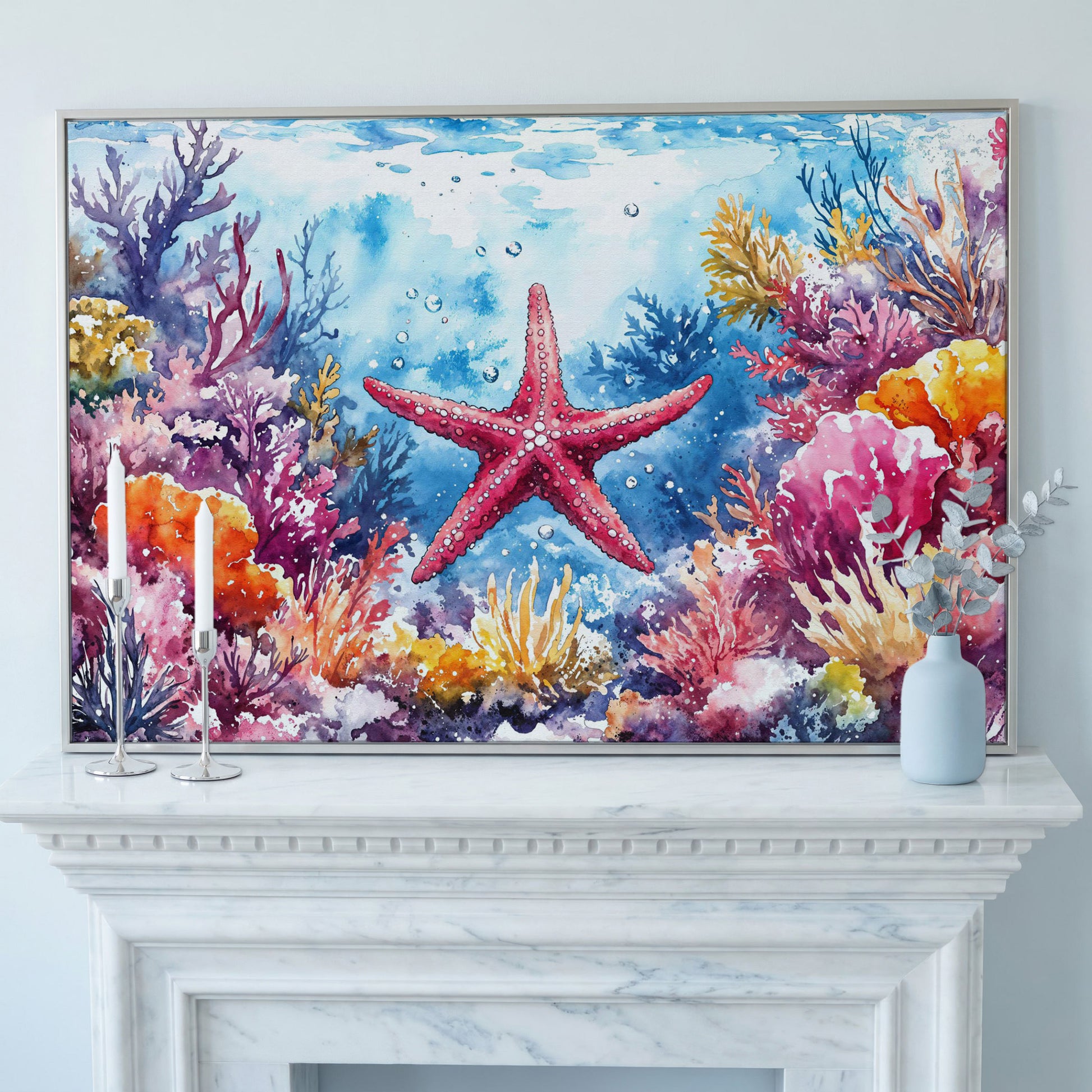 Starfish and Coral Reef Underwater Scene Canvas Wall Art in silver floating frame