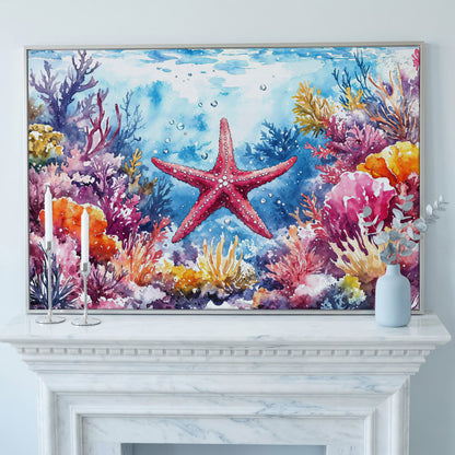 Starfish and Coral Reef Underwater Scene Canvas Wall Art in silver floating frame