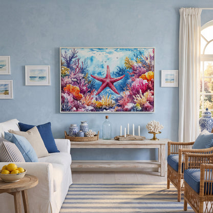 Starfish and Coral Reef Underwater Scene Canvas Wall Art in white floating frame