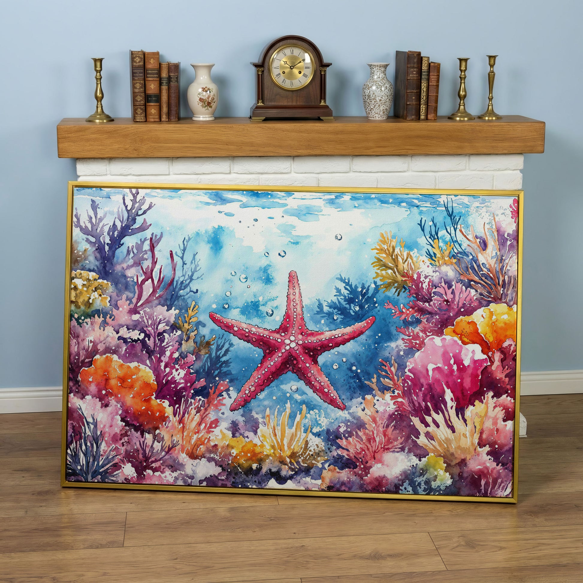 Starfish and Coral Reef Underwater Scene Canvas Wall Art in yellow gold floating frame