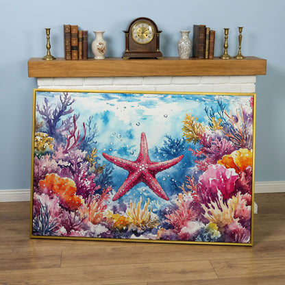 Starfish and Coral Reef Underwater Scene Canvas Wall Art in yellow gold floating frame