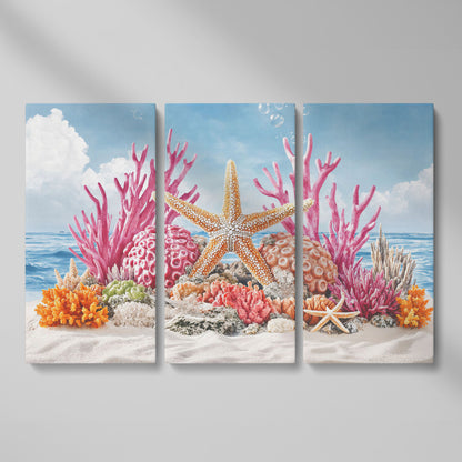 Coral Reef Canvas Art, Vibrant Underwater Ocean Scene as 3-panel split version