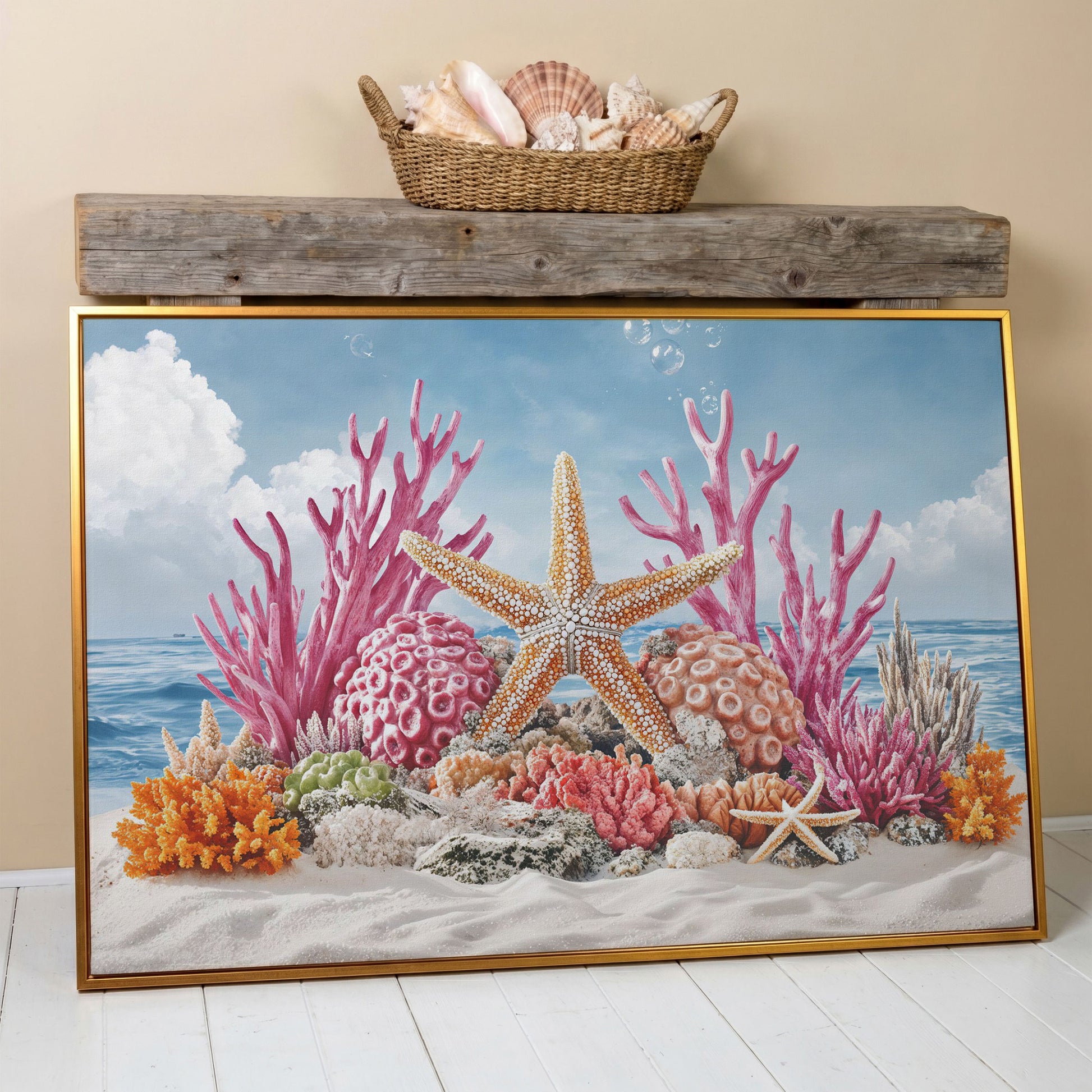 Coral Reef Canvas Art, Vibrant Underwater Ocean Scene in antique gold floating frame