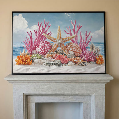 Coral Reef Canvas Art, Vibrant Underwater Ocean Scene in black floating frame