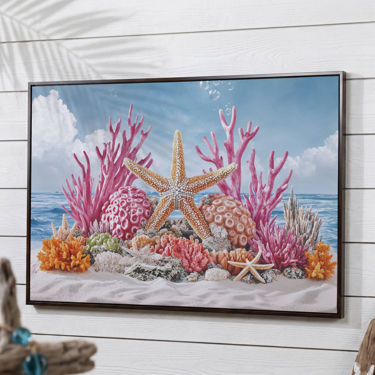 Coral Reef Canvas Art, Vibrant Underwater Ocean Scene in dark walnut floating frame