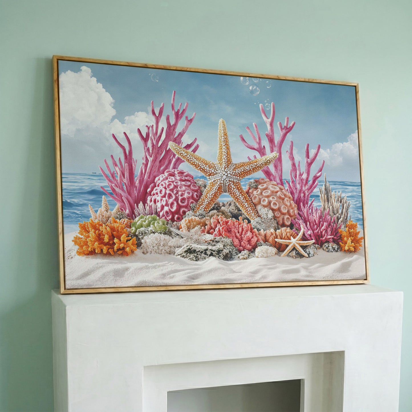 Coral Reef Canvas Art, Vibrant Underwater Ocean Scene in white oak floating frame