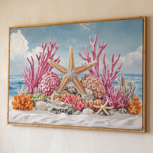Coral Reef Canvas Art, Vibrant Underwater Ocean Scene shown in white oak floating frame