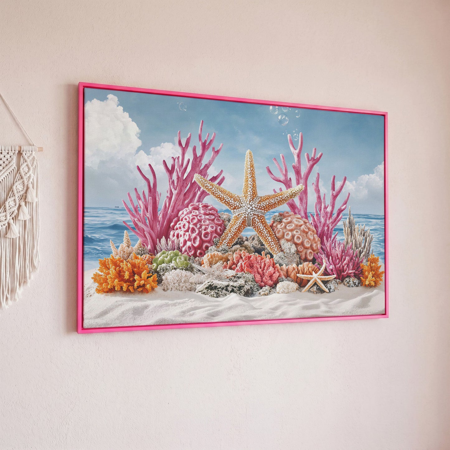 Coral Reef Canvas Art, Vibrant Underwater Ocean Scene in pink floating frame