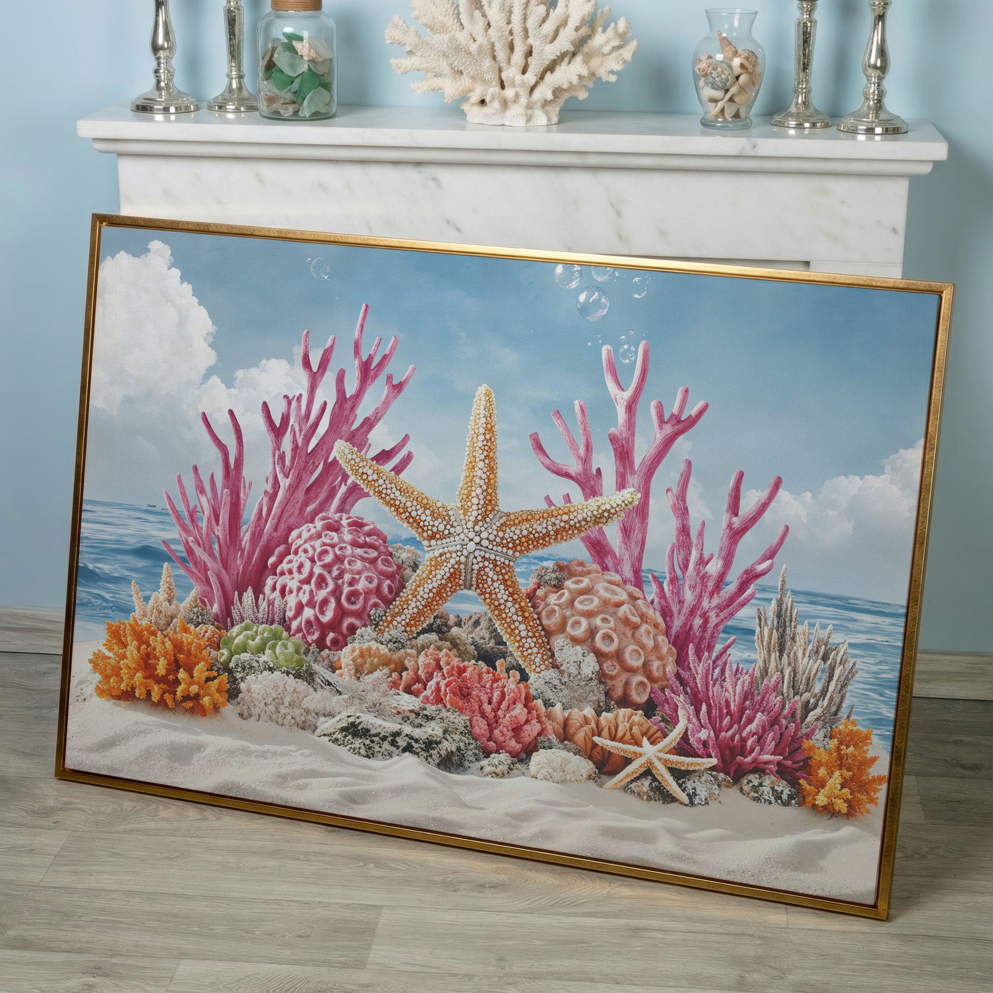 Coral Reef Canvas Art, Vibrant Underwater Ocean Scene in rose gold floating frame