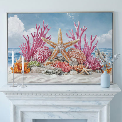 Coral Reef Canvas Art, Vibrant Underwater Ocean Scene in silver floating frame