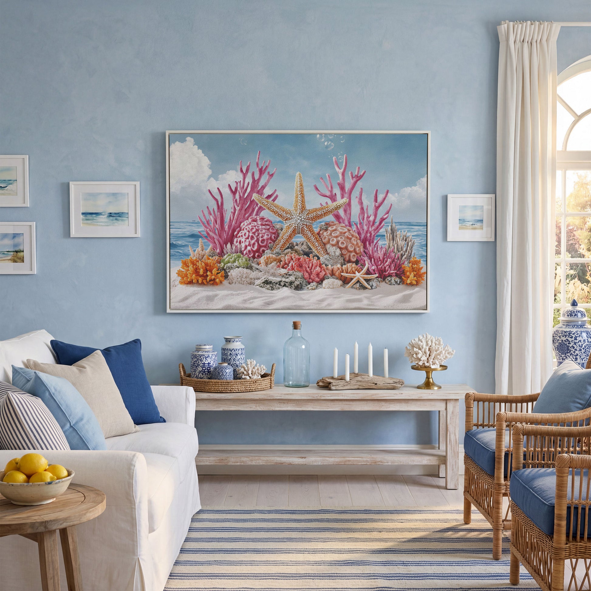 Coral Reef Canvas Art, Vibrant Underwater Ocean Scene in white floating frame