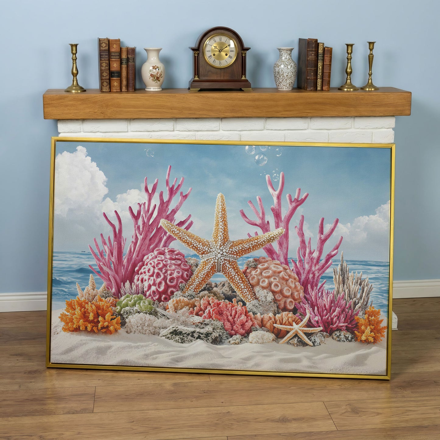 Coral Reef Canvas Art, Vibrant Underwater Ocean Scene in yellow gold floating frame