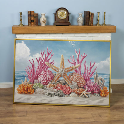 Coral Reef Canvas Art, Vibrant Underwater Ocean Scene in yellow gold floating frame