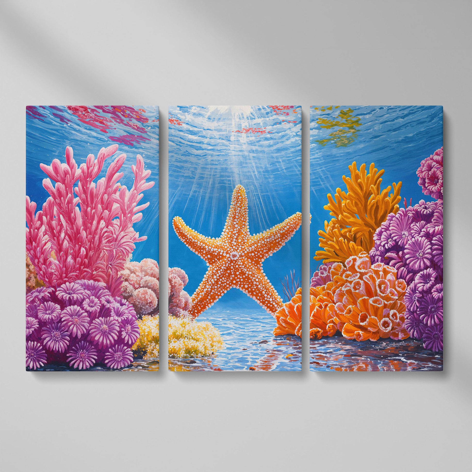 Starfish and Coral Underwater Scene Canvas Wall Art as 3-panel split version