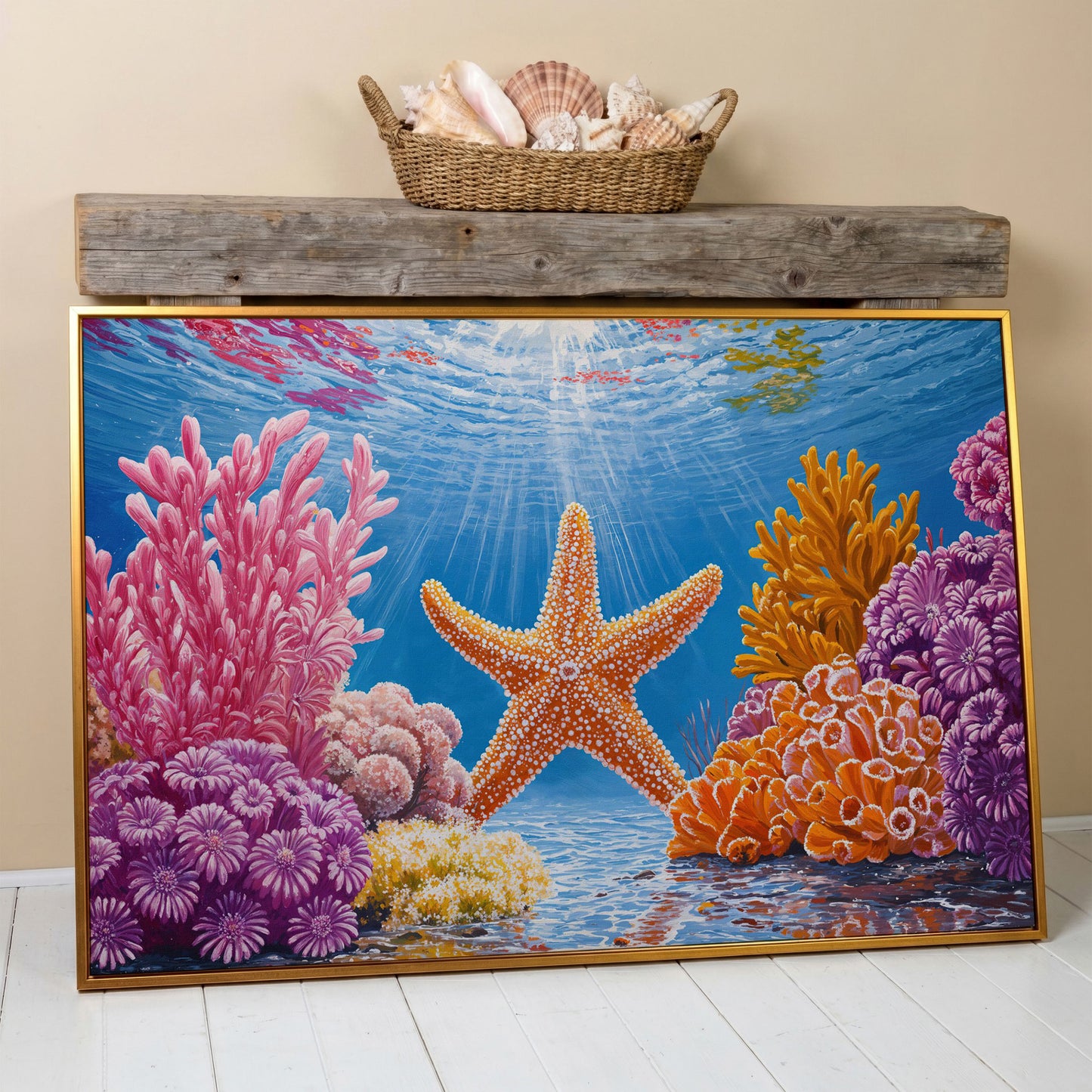 Starfish and Coral Underwater Scene Canvas Wall Art in antique gold floating frame