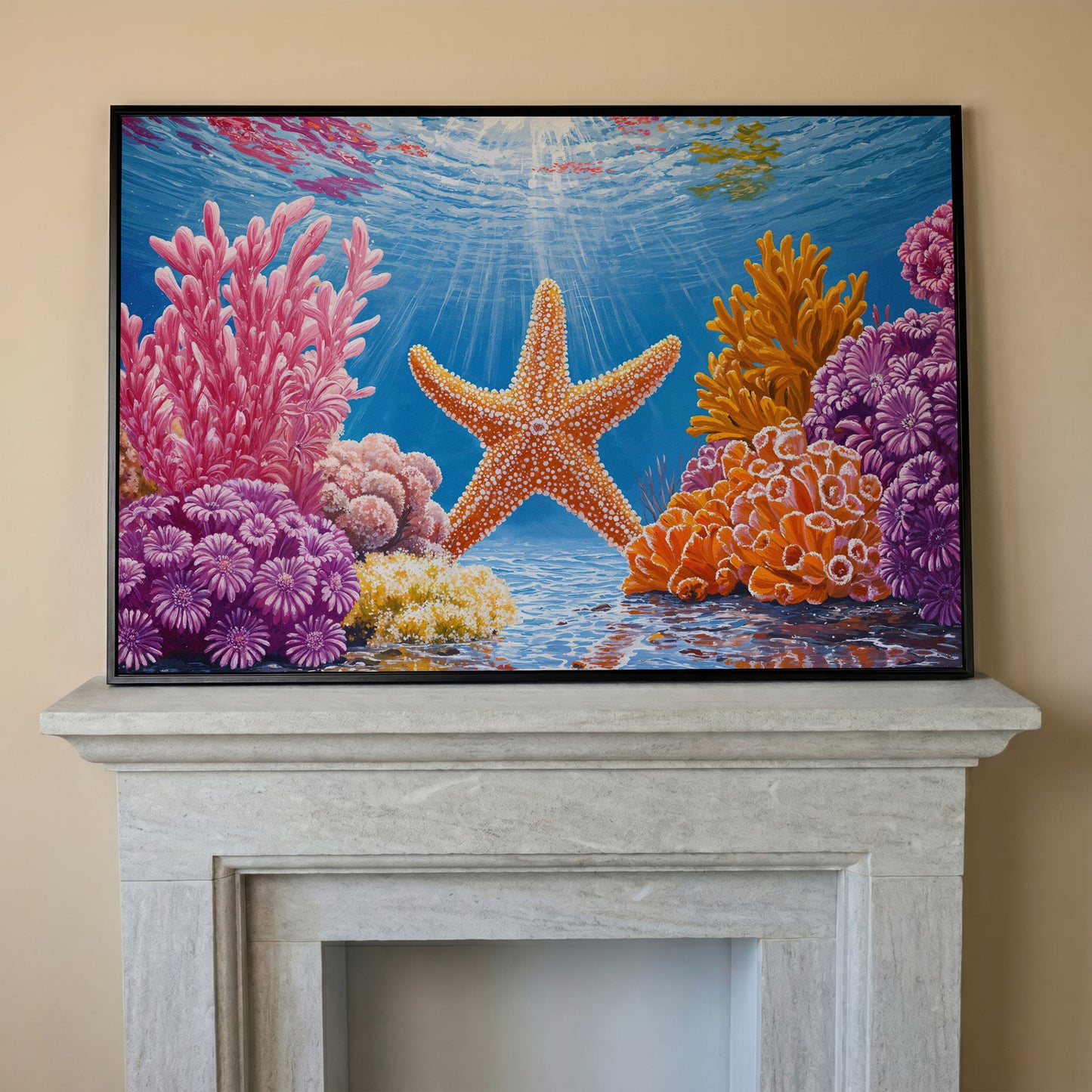 Starfish and Coral Underwater Scene Canvas Wall Art in black floating frame