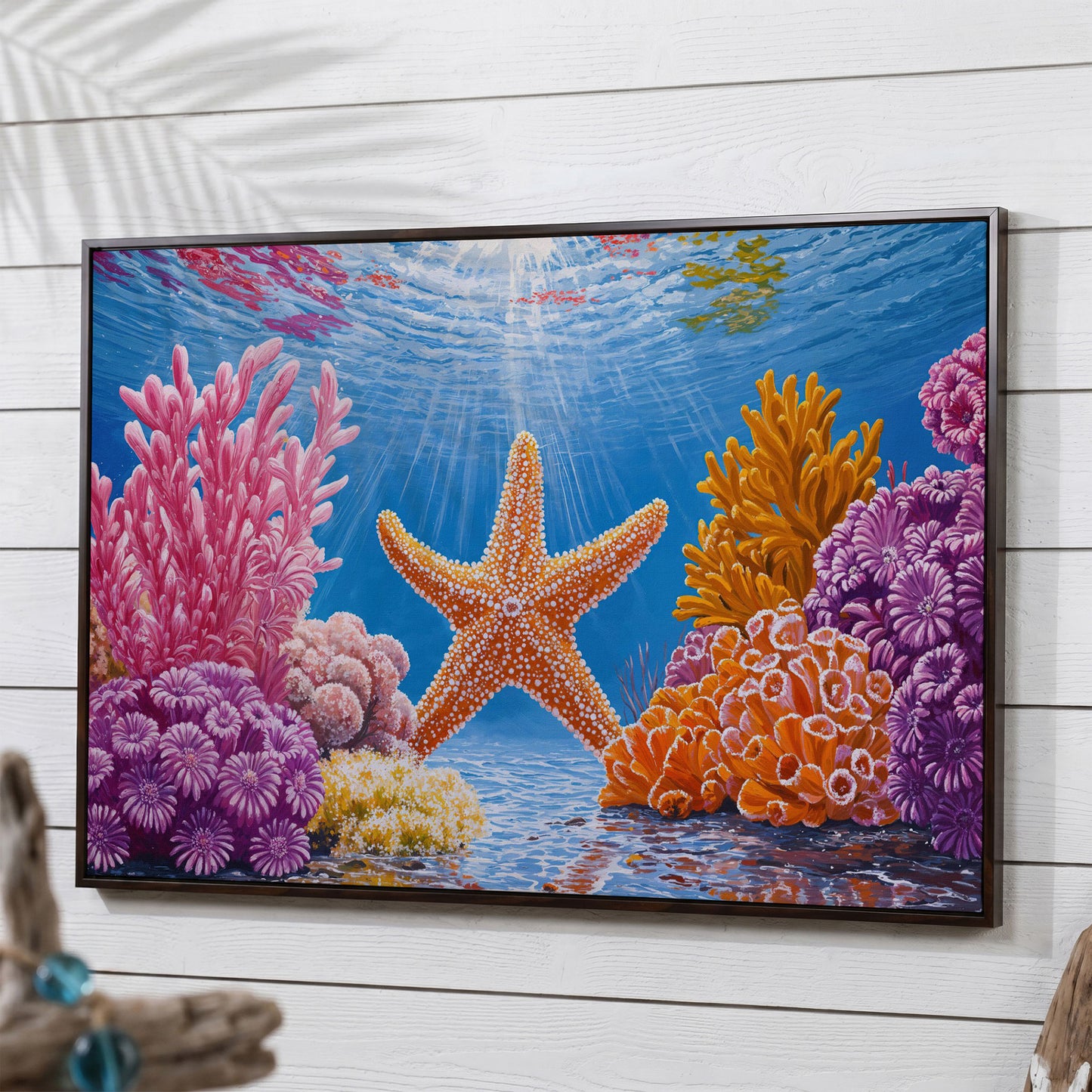 Starfish and Coral Underwater Scene Canvas Wall Art in dark walnut floating frame