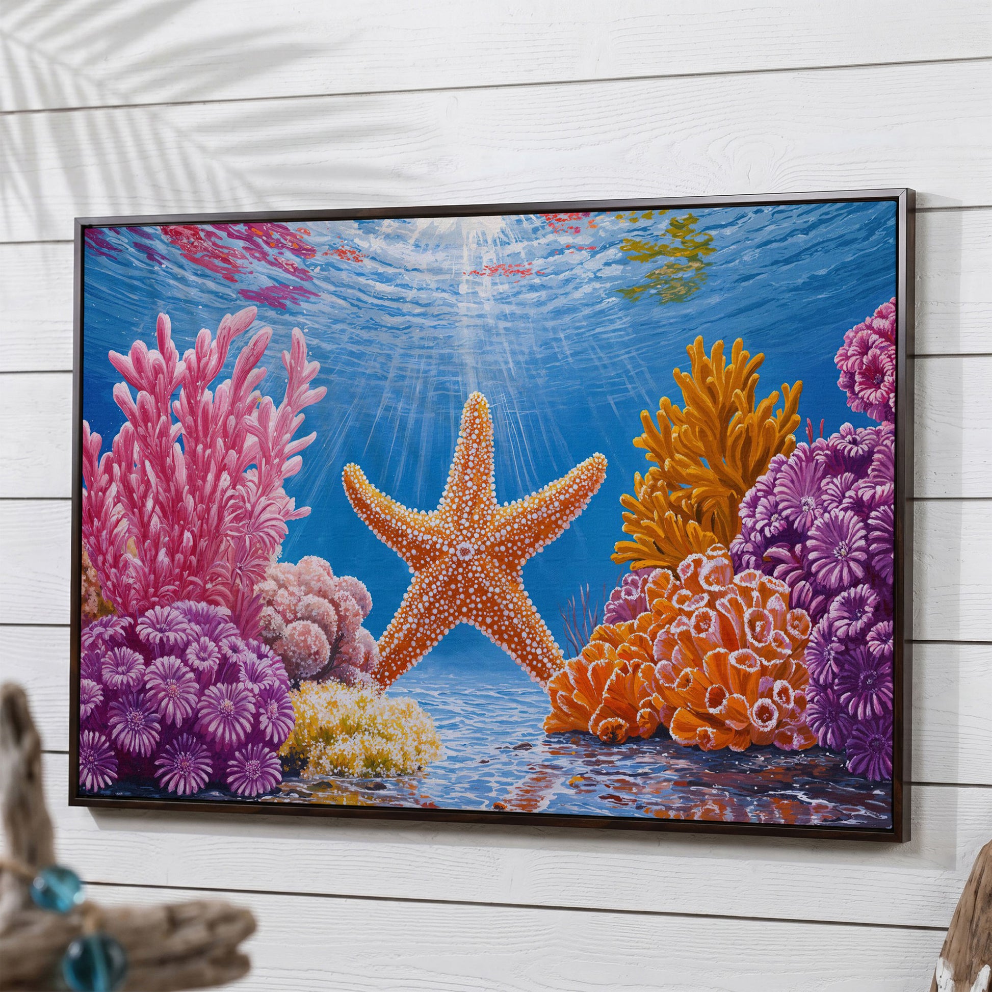 Starfish and Coral Underwater Scene Canvas Wall Art in dark walnut floating frame