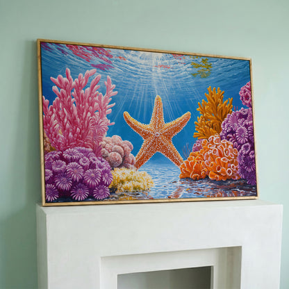 Starfish and Coral Underwater Scene Canvas Wall Art in white oak floating frame