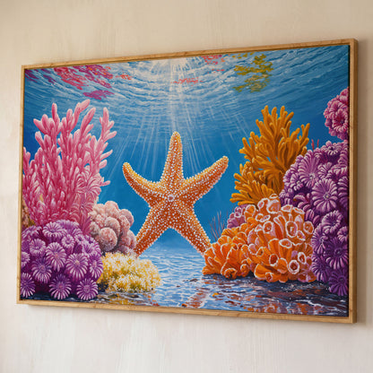 Starfish and Coral Underwater Scene Canvas Wall Art shown in white oak floating frame