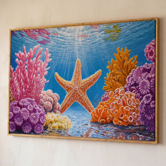 Starfish and Coral Underwater Scene Canvas Wall Art shown in white oak floating frame