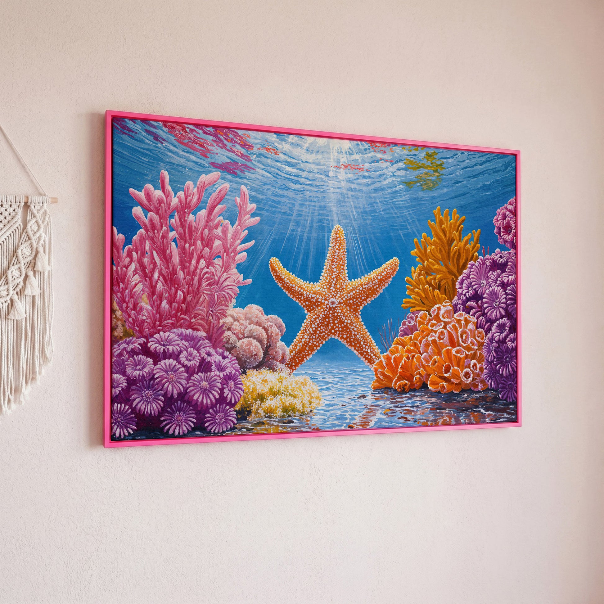 Starfish and Coral Underwater Scene Canvas Wall Art in pink floating frame