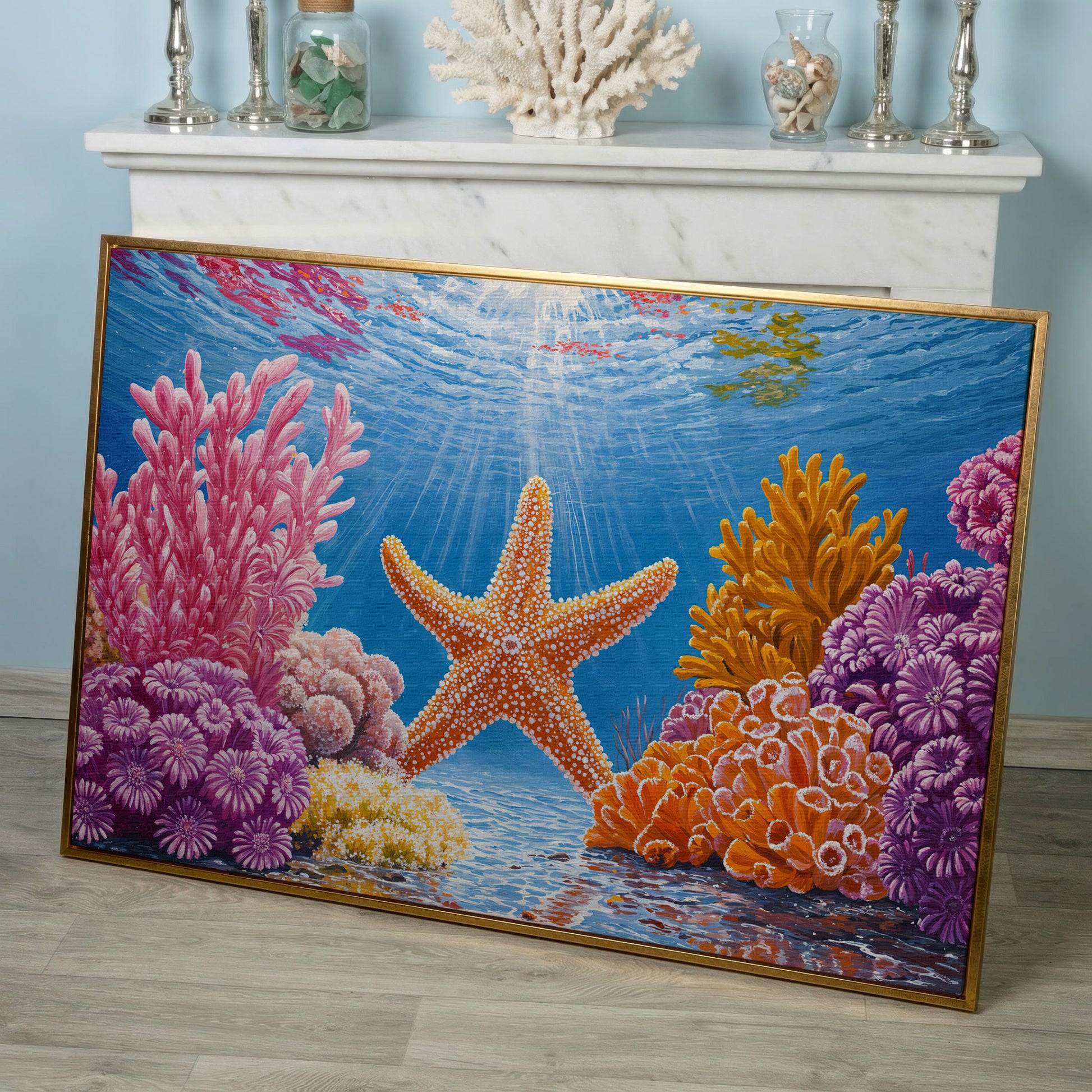 Starfish and Coral Underwater Scene Canvas Wall Art in rose gold floating frame