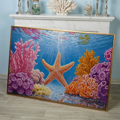 Starfish and Coral Underwater Scene Canvas Wall Art in rose gold floating frame