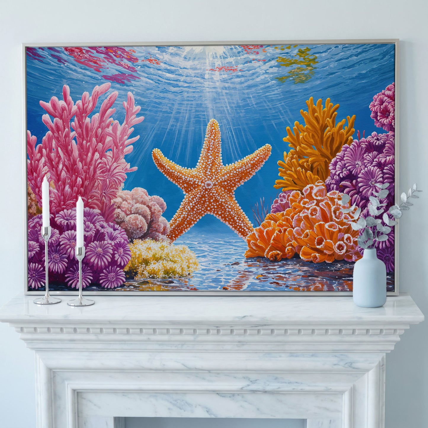 Starfish and Coral Underwater Scene Canvas Wall Art in silver floating frame