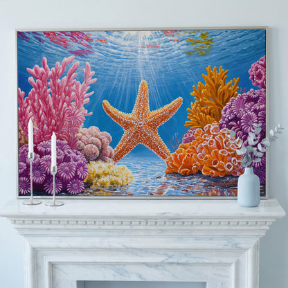 Starfish and Coral Underwater Scene Canvas Wall Art in silver floating frame