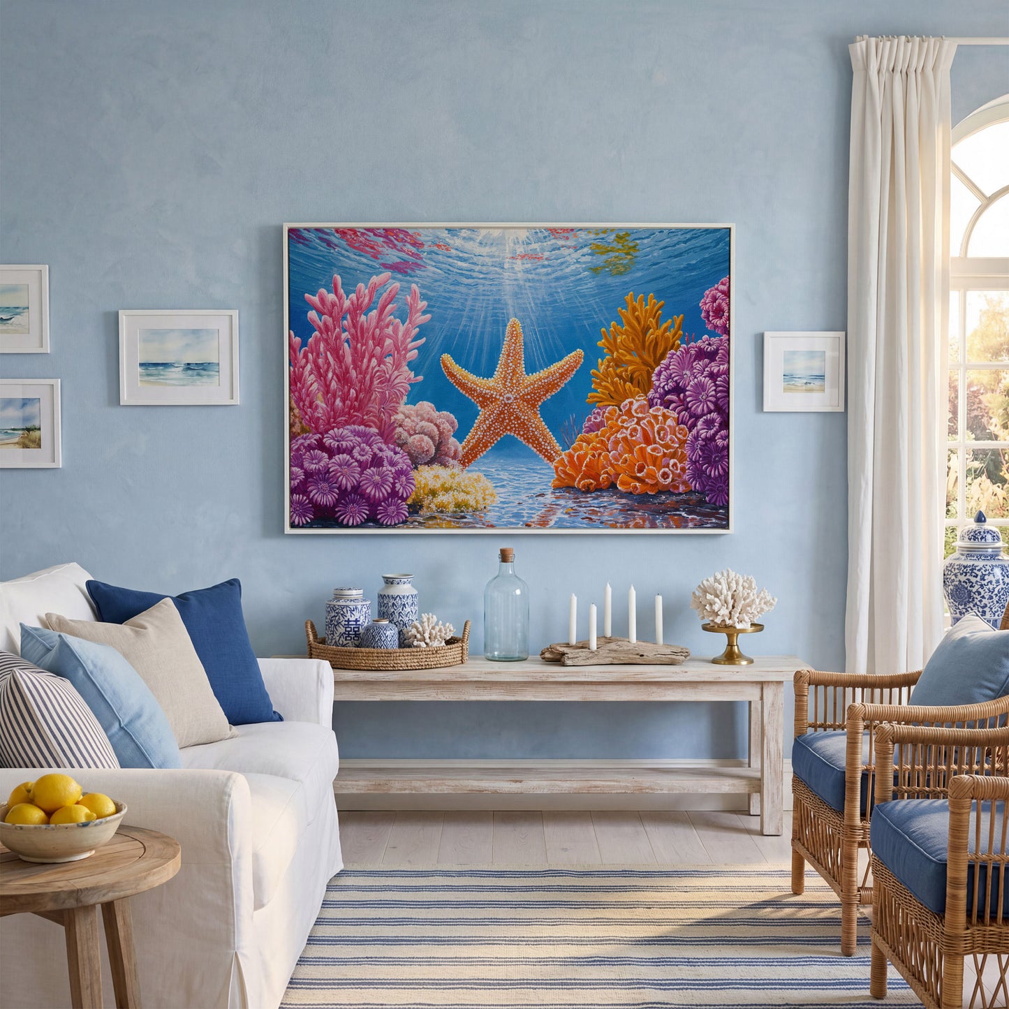 Starfish and Coral Underwater Scene Canvas Wall Art in white floating frame
