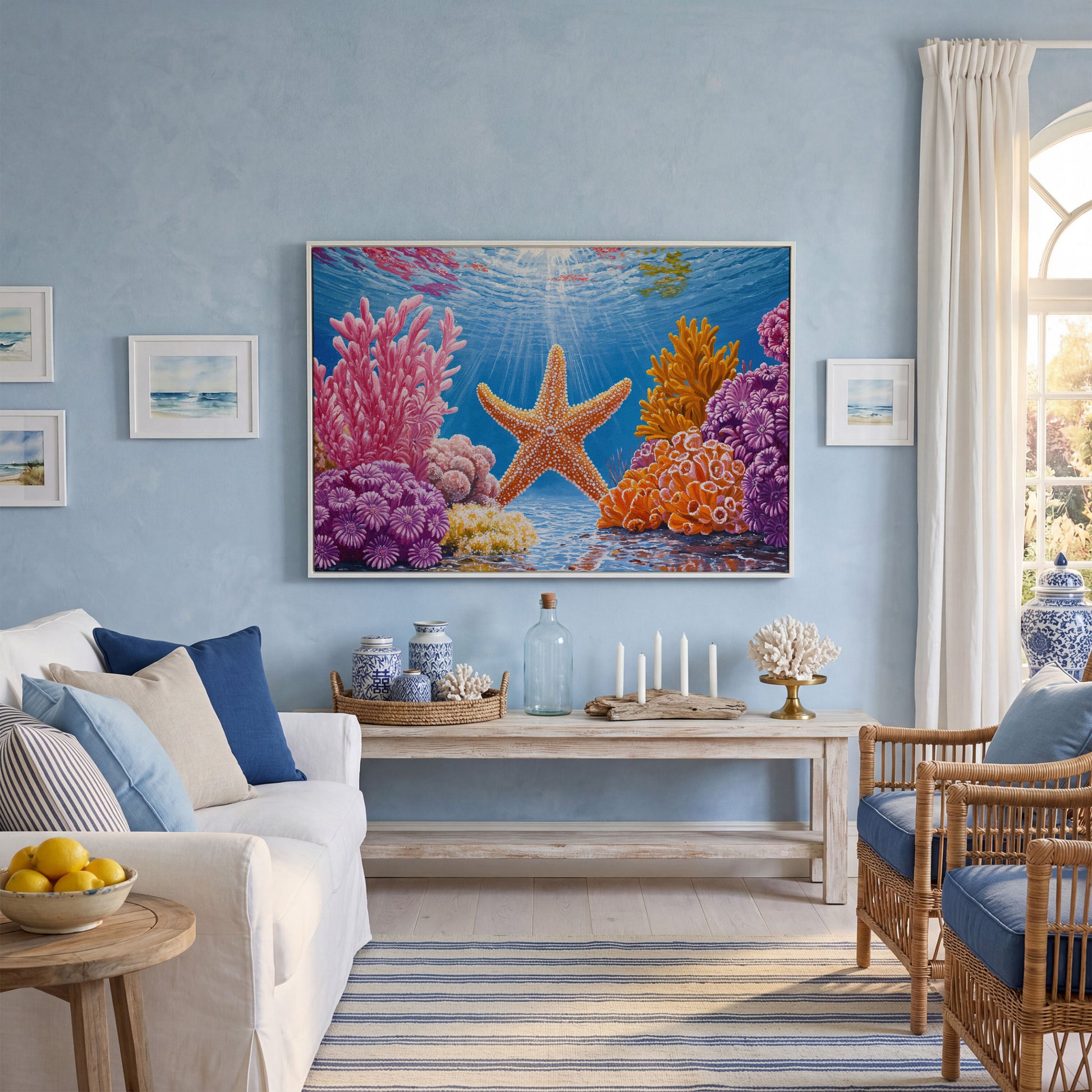 Starfish and Coral Underwater Scene Canvas Wall Art in white floating frame