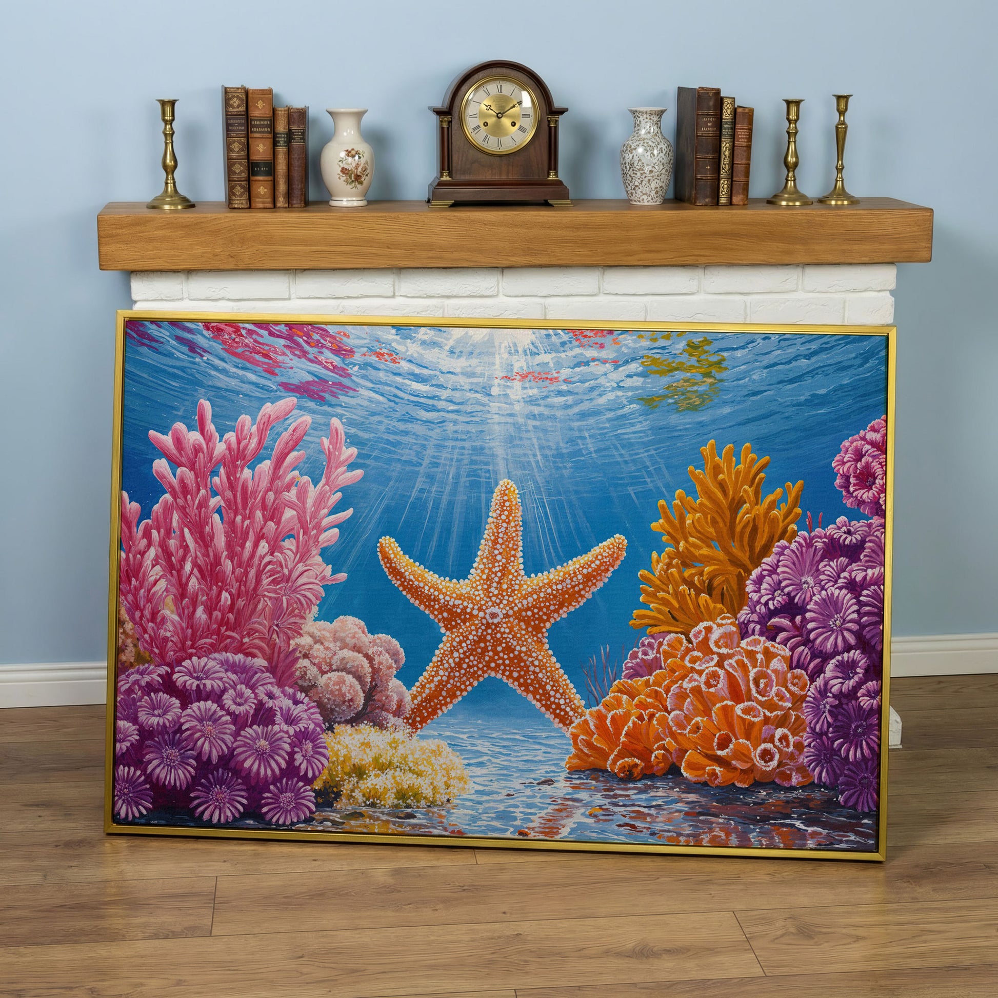 Starfish and Coral Underwater Scene Canvas Wall Art in yellow gold floating frame