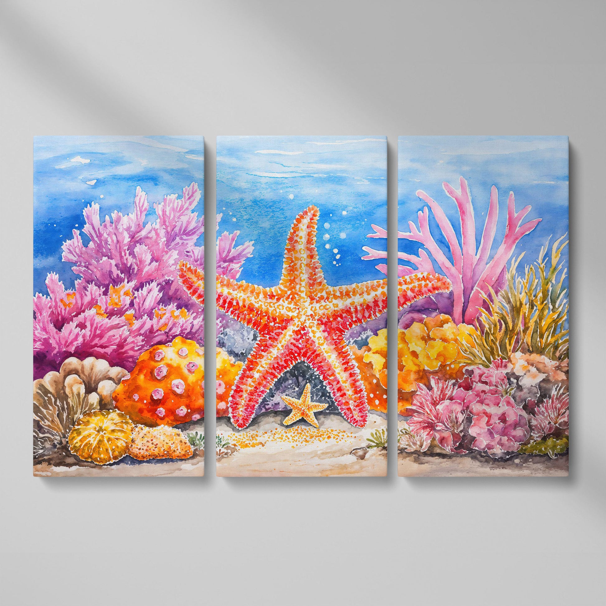 Starfish and Coral Reef Canvas Wall Art, Vibrant Ocean Scene as 3-panel split version