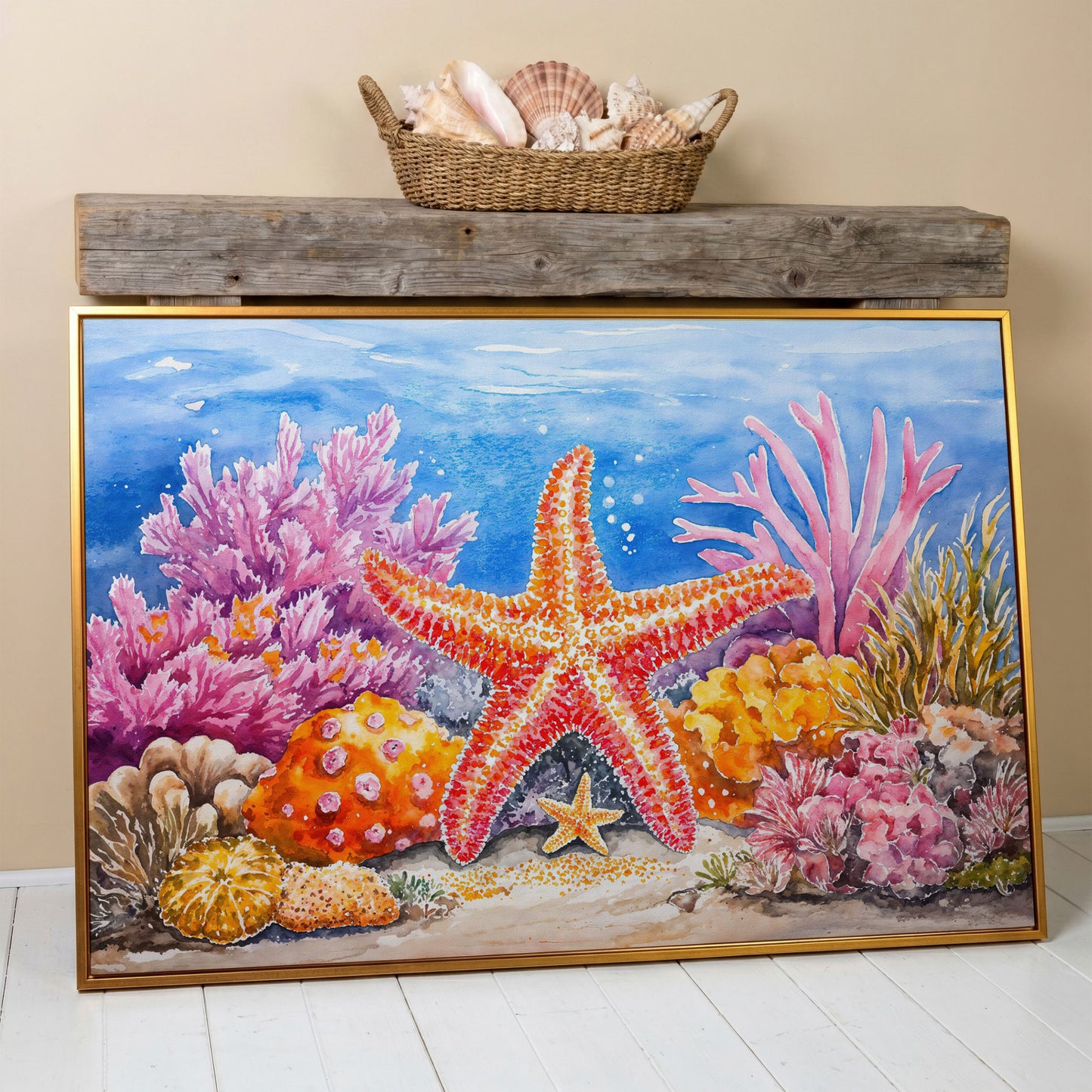 Starfish and Coral Reef Canvas Wall Art, Vibrant Ocean Scene in antique gold floating frame